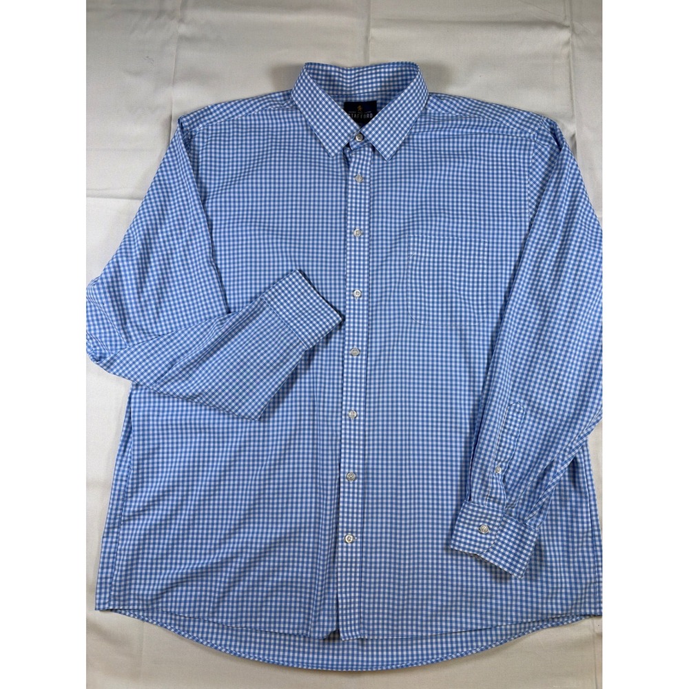Stafford Mens Blue Gingham Travel Performance Super Shirt 18 36-37 Regular Fit